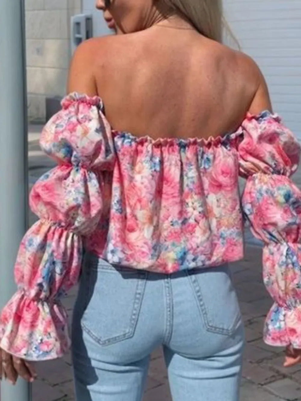 Printed Off-Shoulder Flounce Sleeve Blouse
