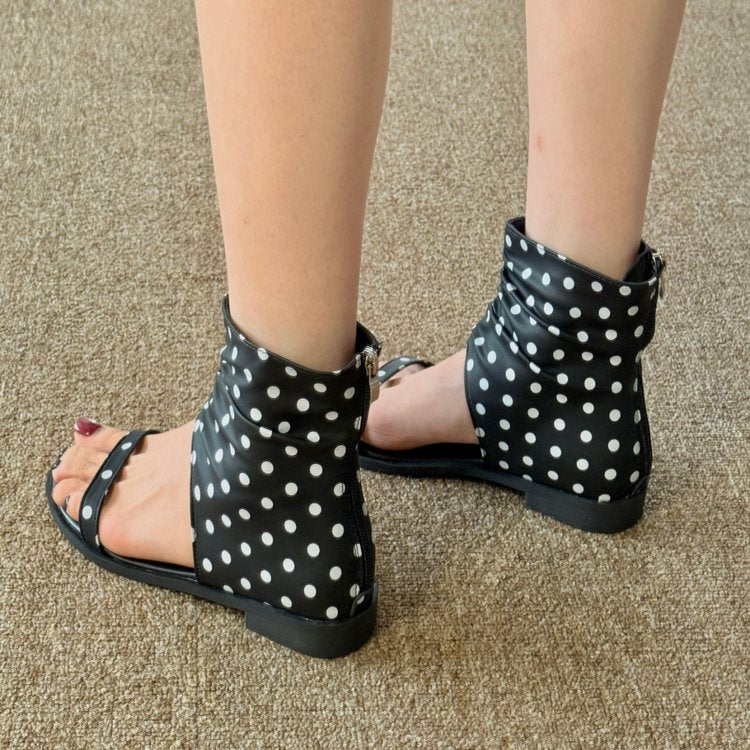 European And American Style Polka Dot Single Strap Mid-Calf Sandal Boots For Women, Comfortable Flat Fashion Boots, Slip-on Flat Summer Sandals