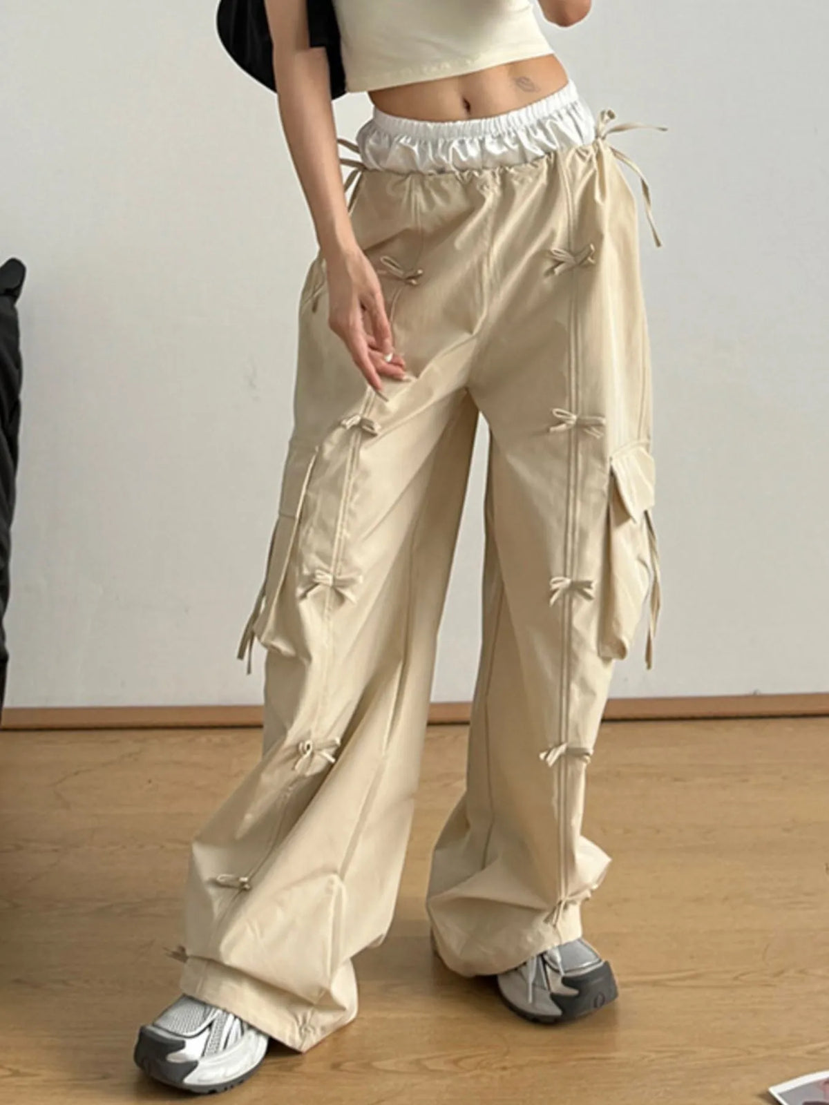 Bow Elastic Waist Cargo Pants