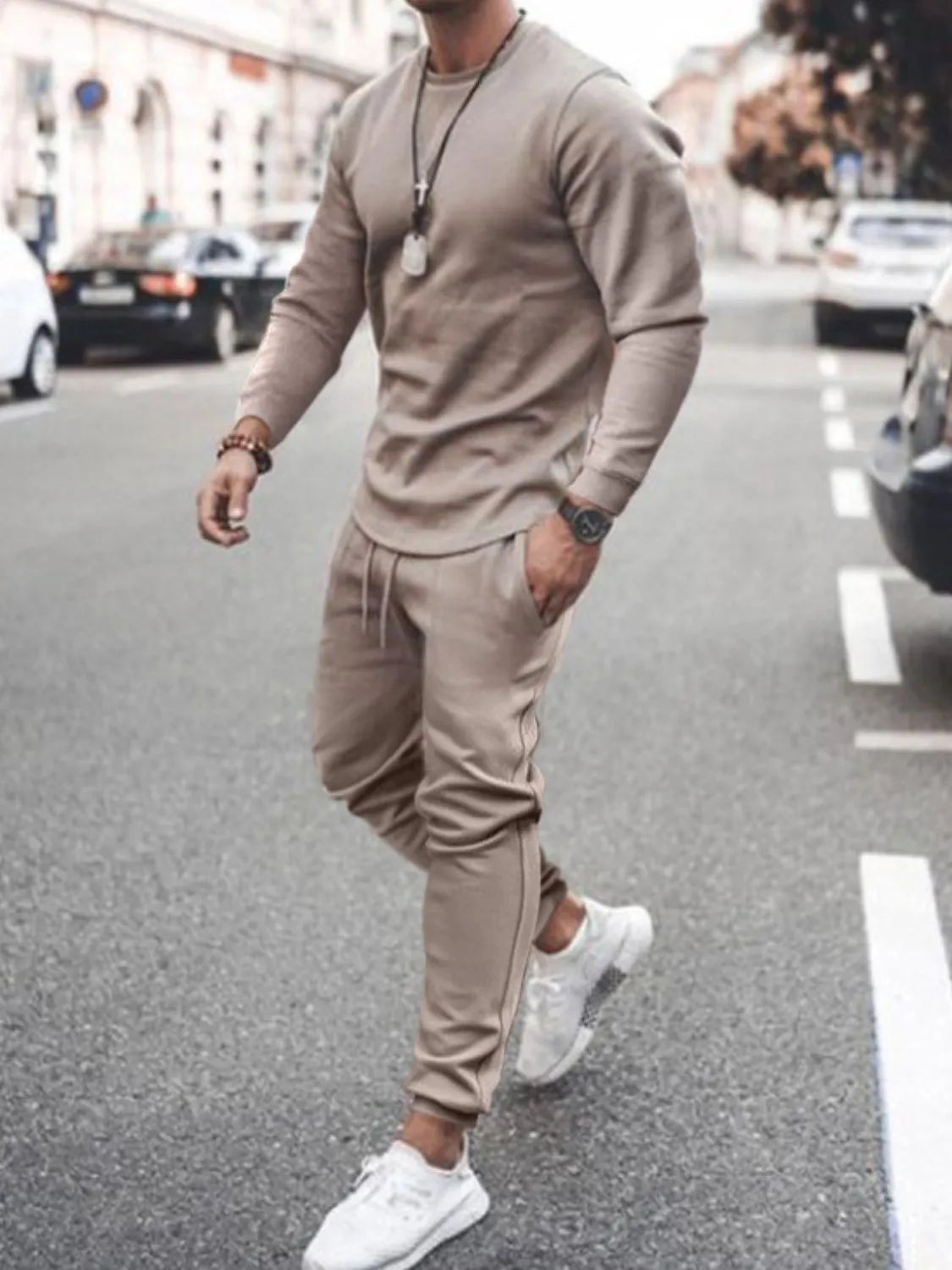 Conjunto de camiseta de manga larga con cuello redondo y pantalón para hombre, talla grande