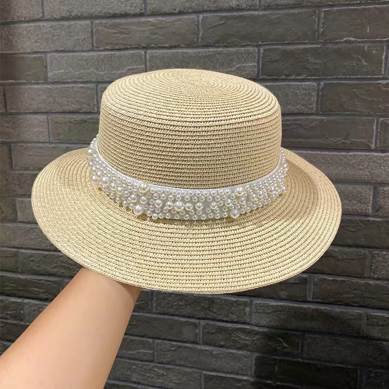 Retro Fashion Versatile Pearl Flat Top Sun Protection Beach Hat