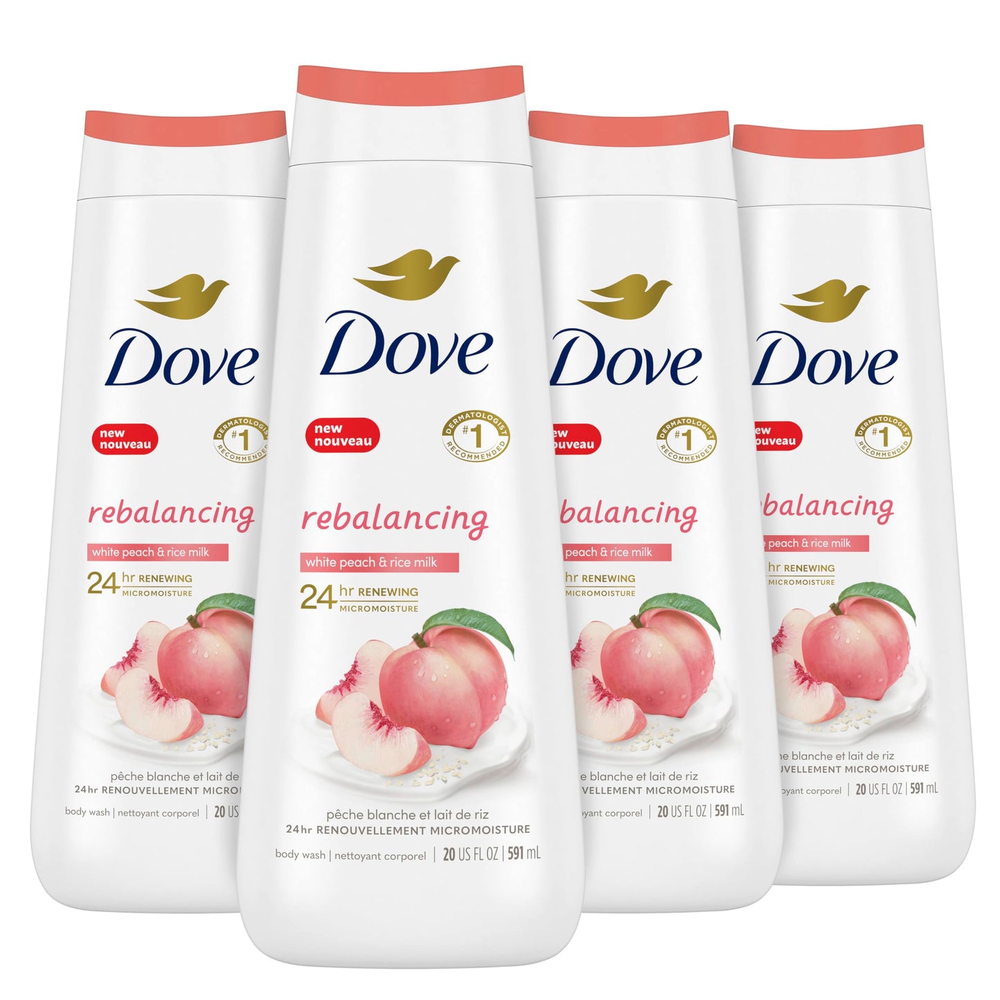 Dove Body Wash Rebalancing White Peach & Rice Milk 4 Count for Renewed Healthy Looking Skin Moisturizing Gentle Skin Cleanser with 24hr Renewing MicroMoisture 20 oz