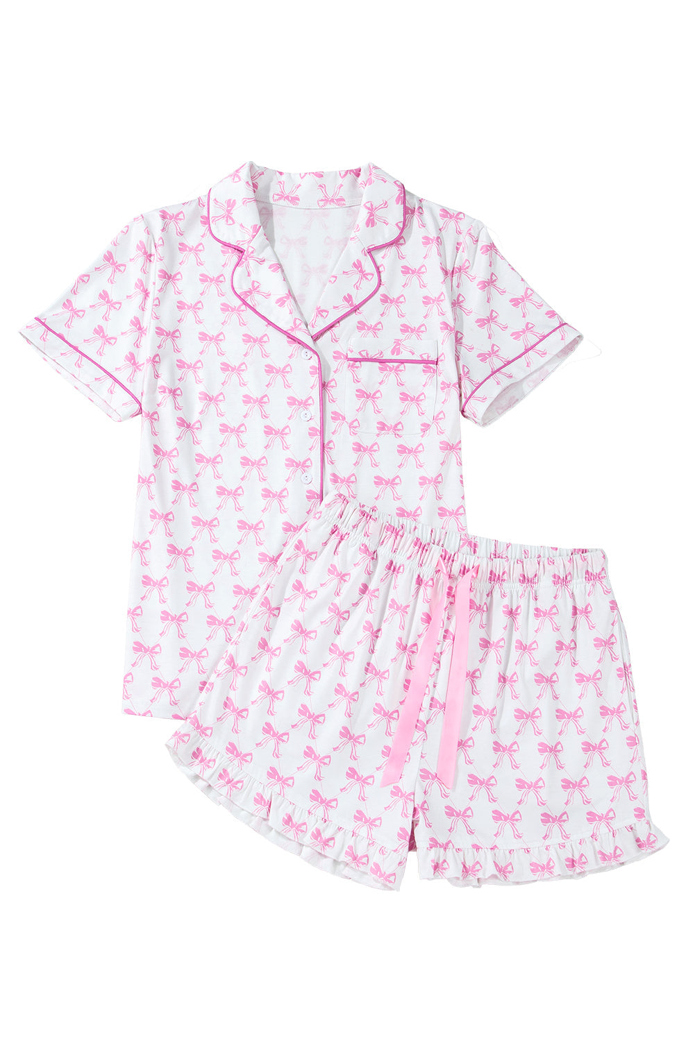 Conjunto de pijama de camisa con estampado de lazo rosa y shorts con dobladillo con volantes