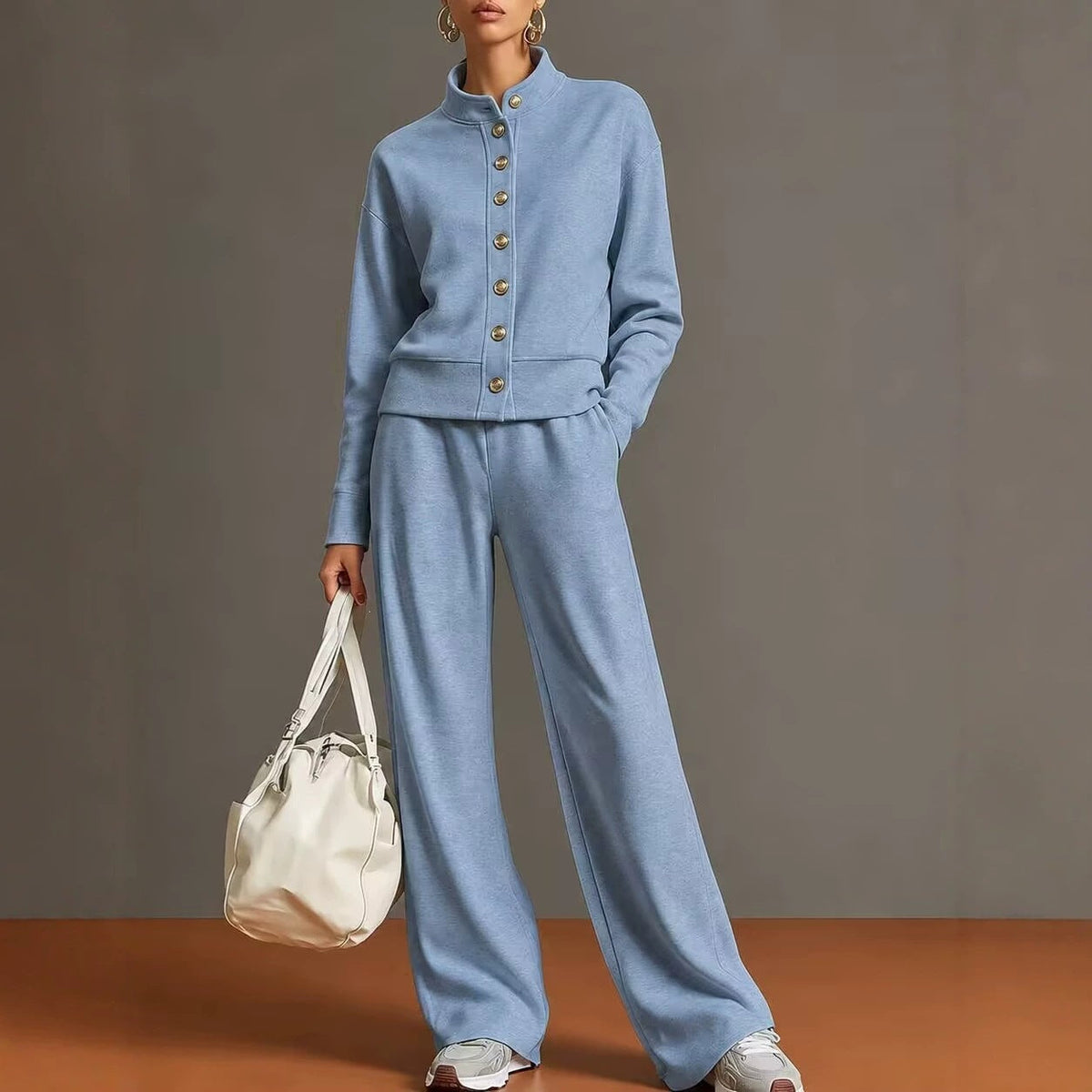 Women's Stand-Collar Button Cardigan & Wide-Leg Pants Set