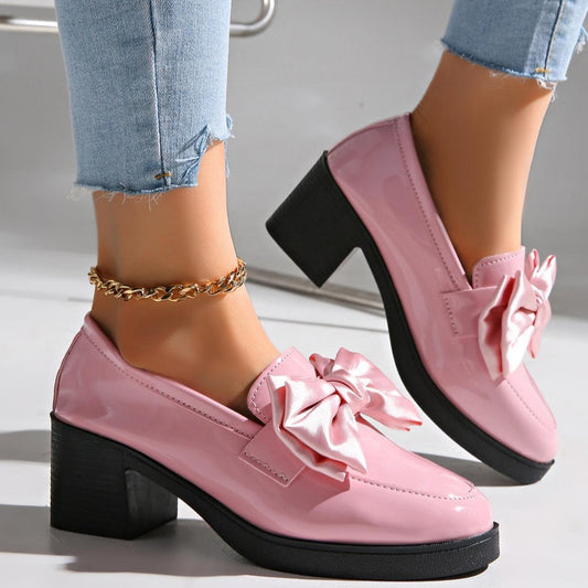Women's Bowtie Round Toe Low Heel Pumps – Wide Size PU Casual Shoes