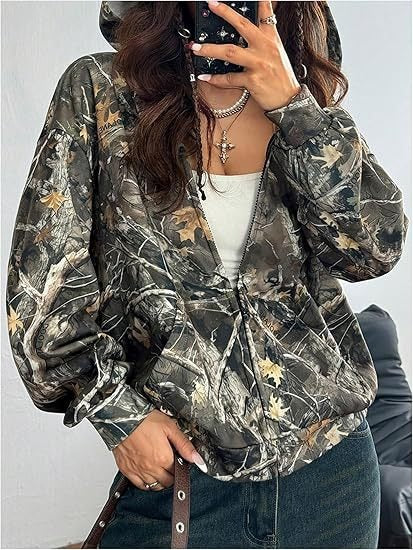 Women's Autumn Camouflage Loose Long Sleeve Jacket, Trendy Maple Leaf Print Versatile Casual Outerwear