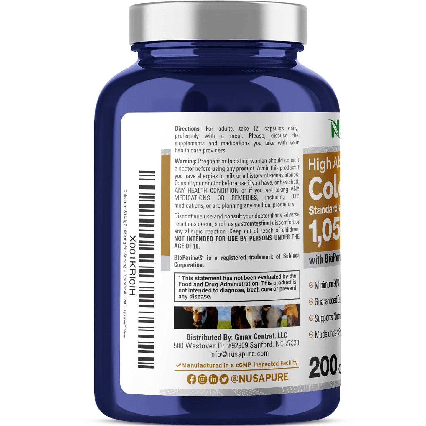 NusaPure Colostrum 1050mg 30% IgG 200 capsules (Non-GMO, Soyfree) Bioperine