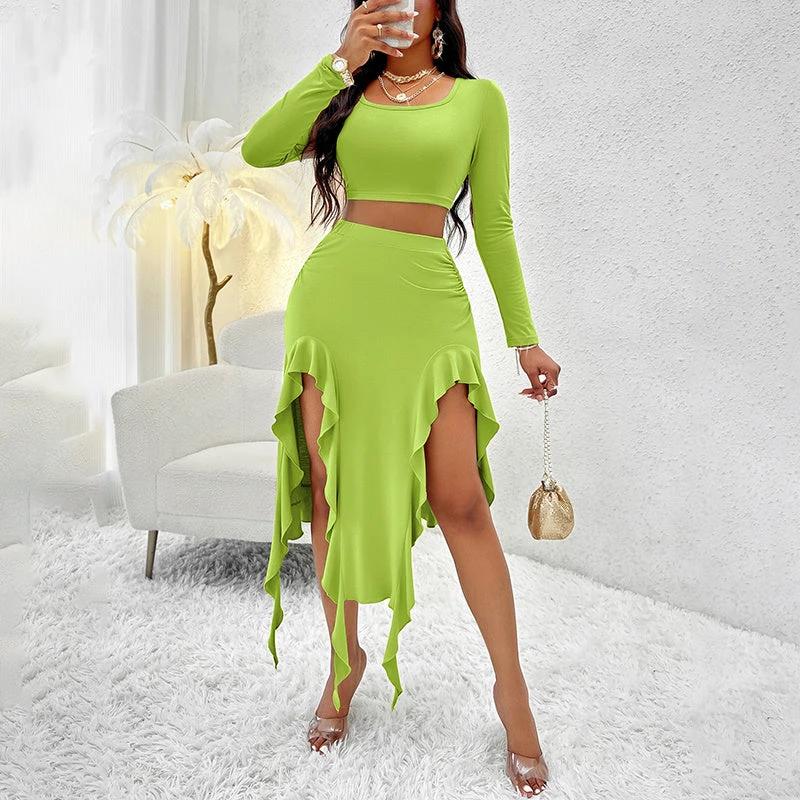 Women's Long Sleeve Round Neck Pleated Dress Suit - Solid Color Elegant Ruffle Outfit
