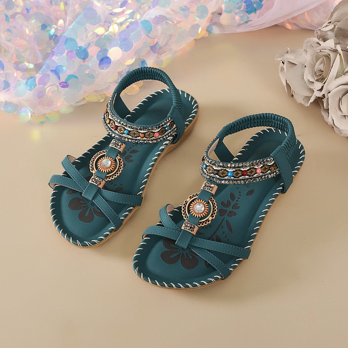 Beach Flat Handmade Beaded Rhinestone Sandals