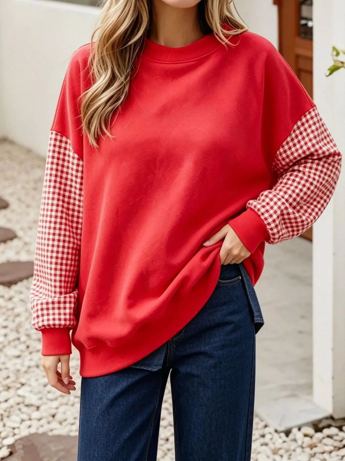 Contrast Gingham Long Sleeve Sweatshirt