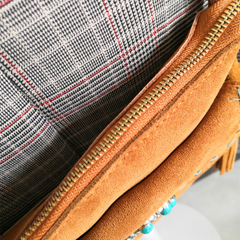 Women's Fleece Vintage Floral Fringe Messenger Bag