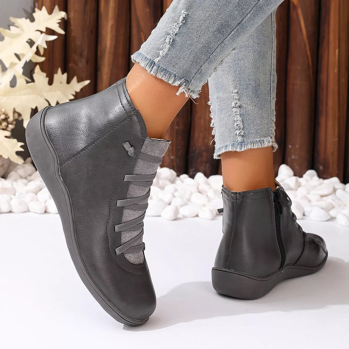 Lace-Up Faux Leather Ankle Boots