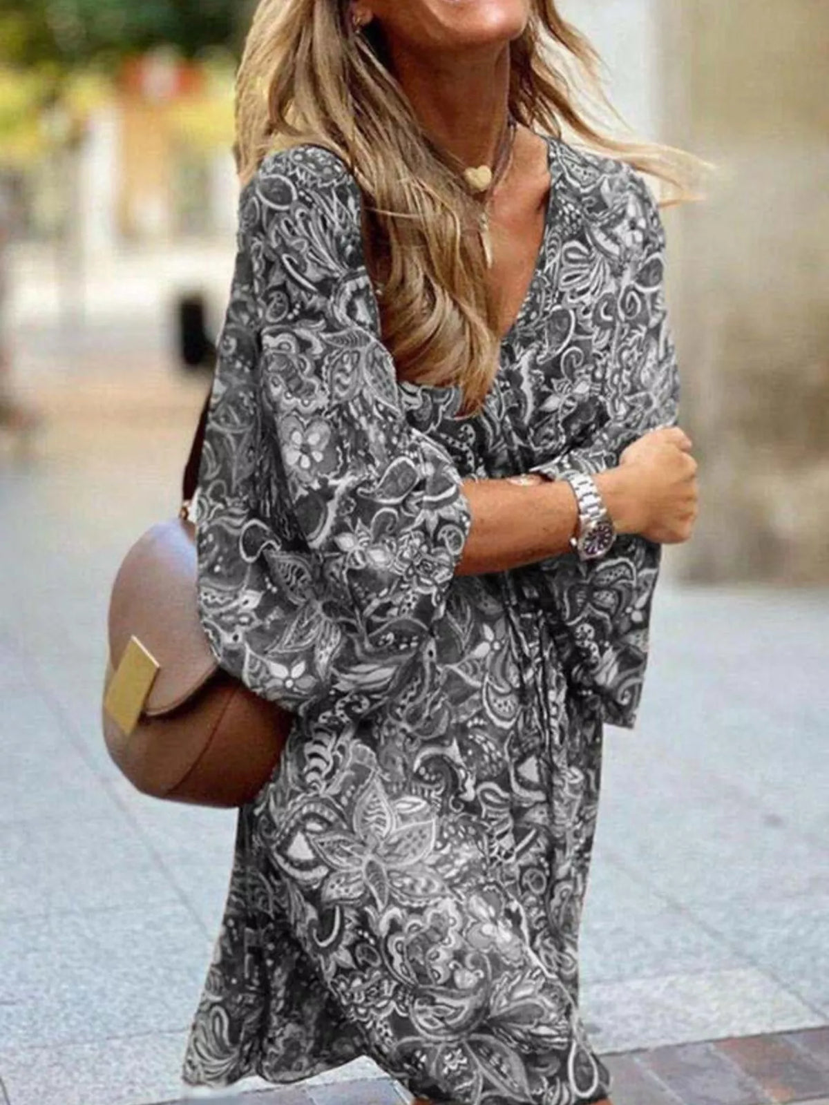 Full Size Paisley Print Long Sleeve Mini Dress Plus Size