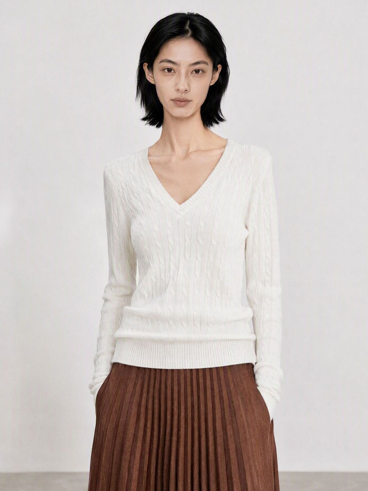 Ribbed V-Neck Ultrafine Merino Wool & Cashmere-Silk Blend Knit Sweater