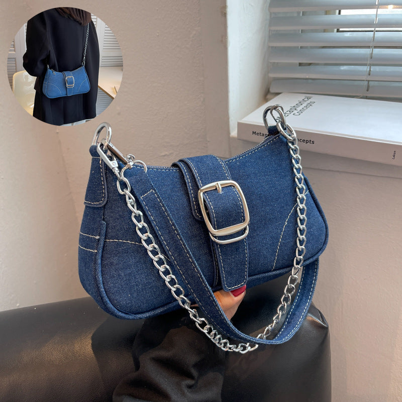 Women's Denim Crossbody Bag with Chain Detail