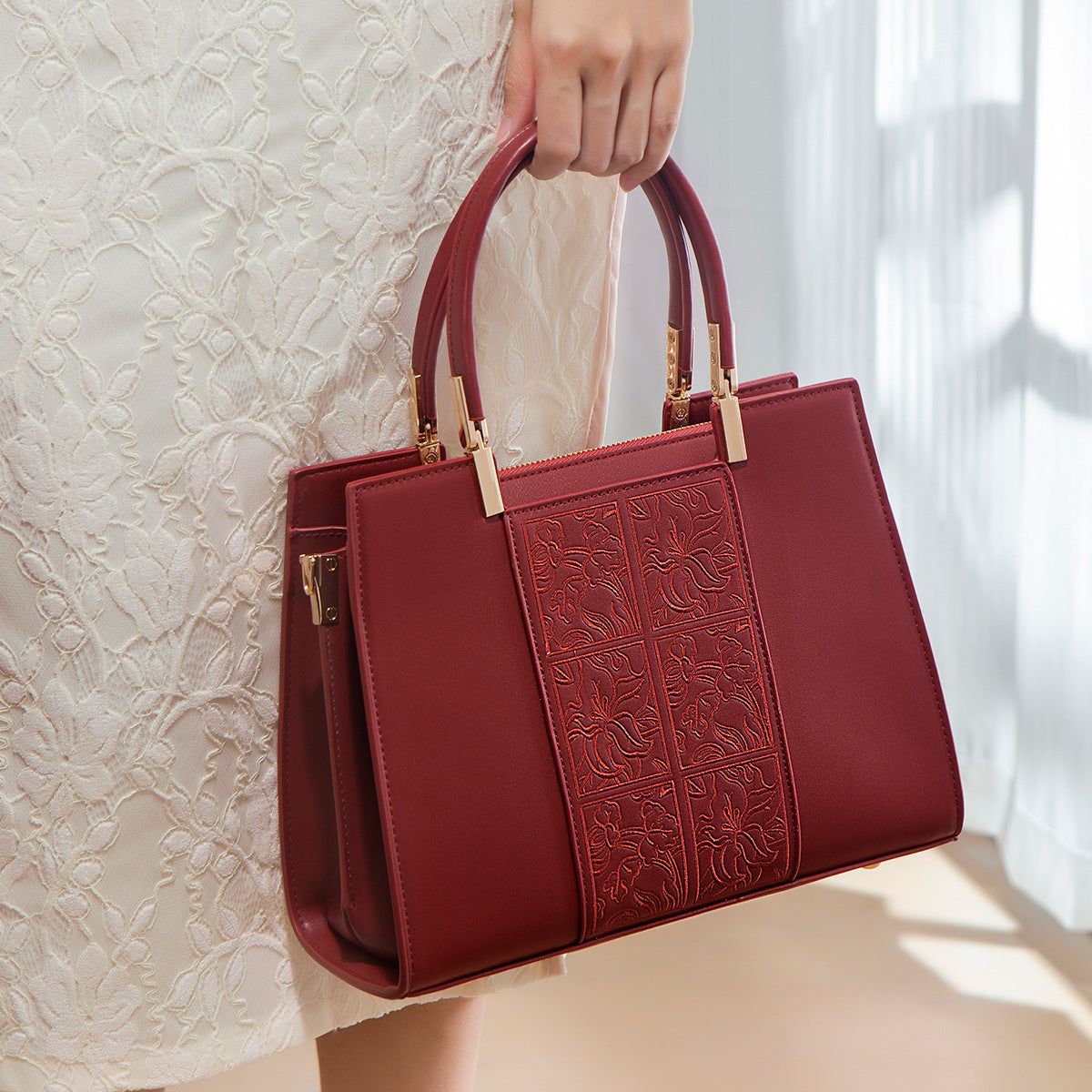Women's Red Embroidered Handbag