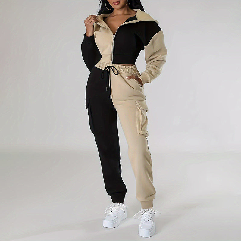 Women's Color Block 2 Piece Set, Full Zip Up Cropped Hoodie Jacket & Drawstring Cargo Pants, Casual Streetwear Outfit See size chart under “more details”