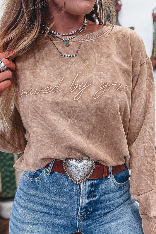 Sudadera Suelta Bordada con Letras "Dune Saved by Grace" y Lavado Mineral