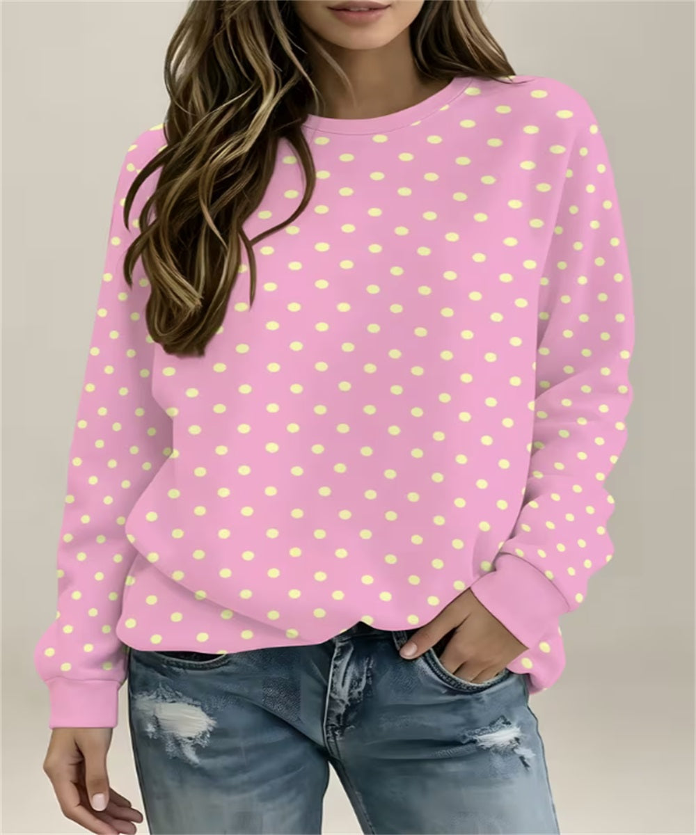 Women's Brown Polka Dot Print Crew Neck Sweatshirt, Light Blue Long Sleeve Pullover Top