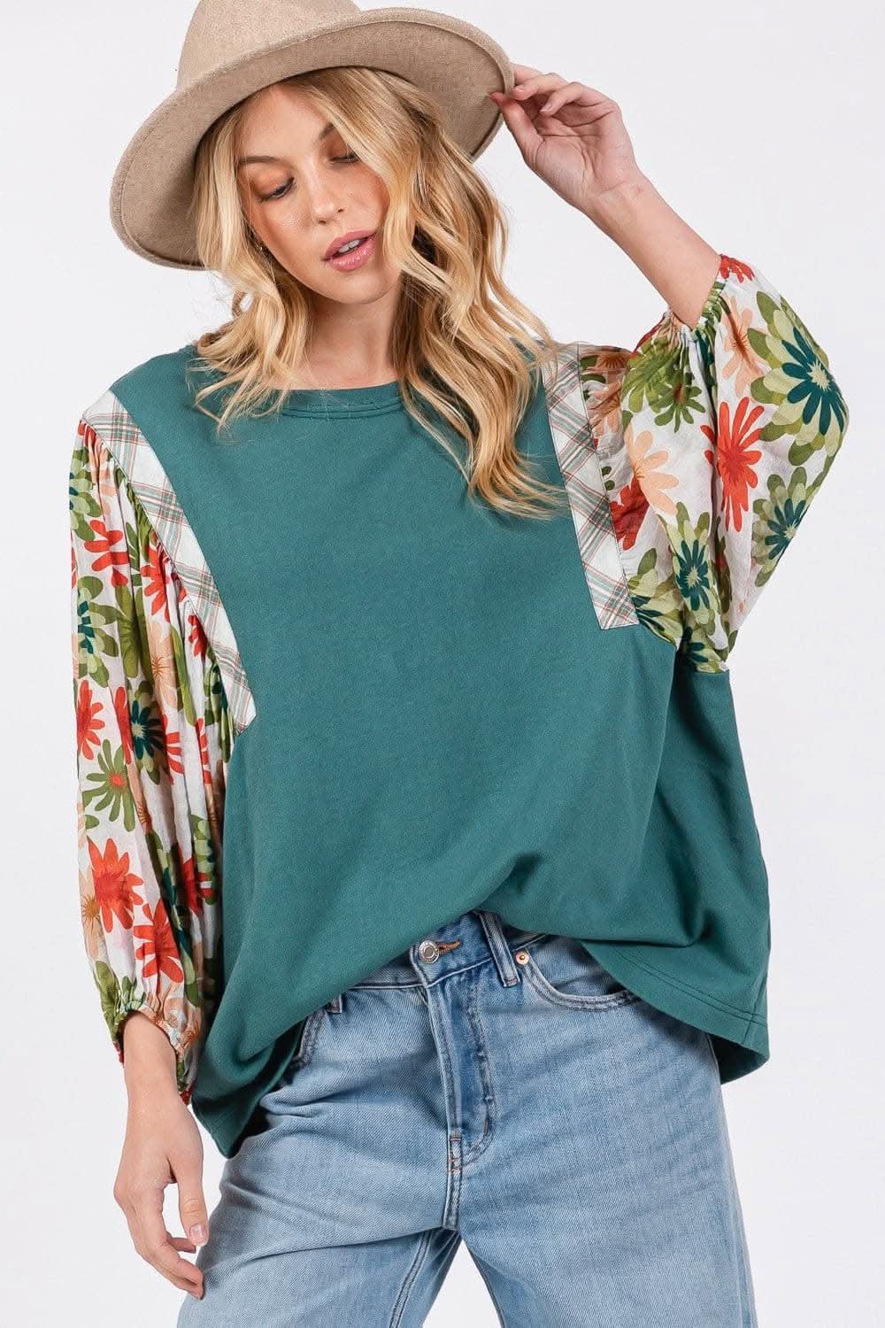 Trendsi Balloon Sleeve Top in Sage — Casual Long Sleeve Blouse