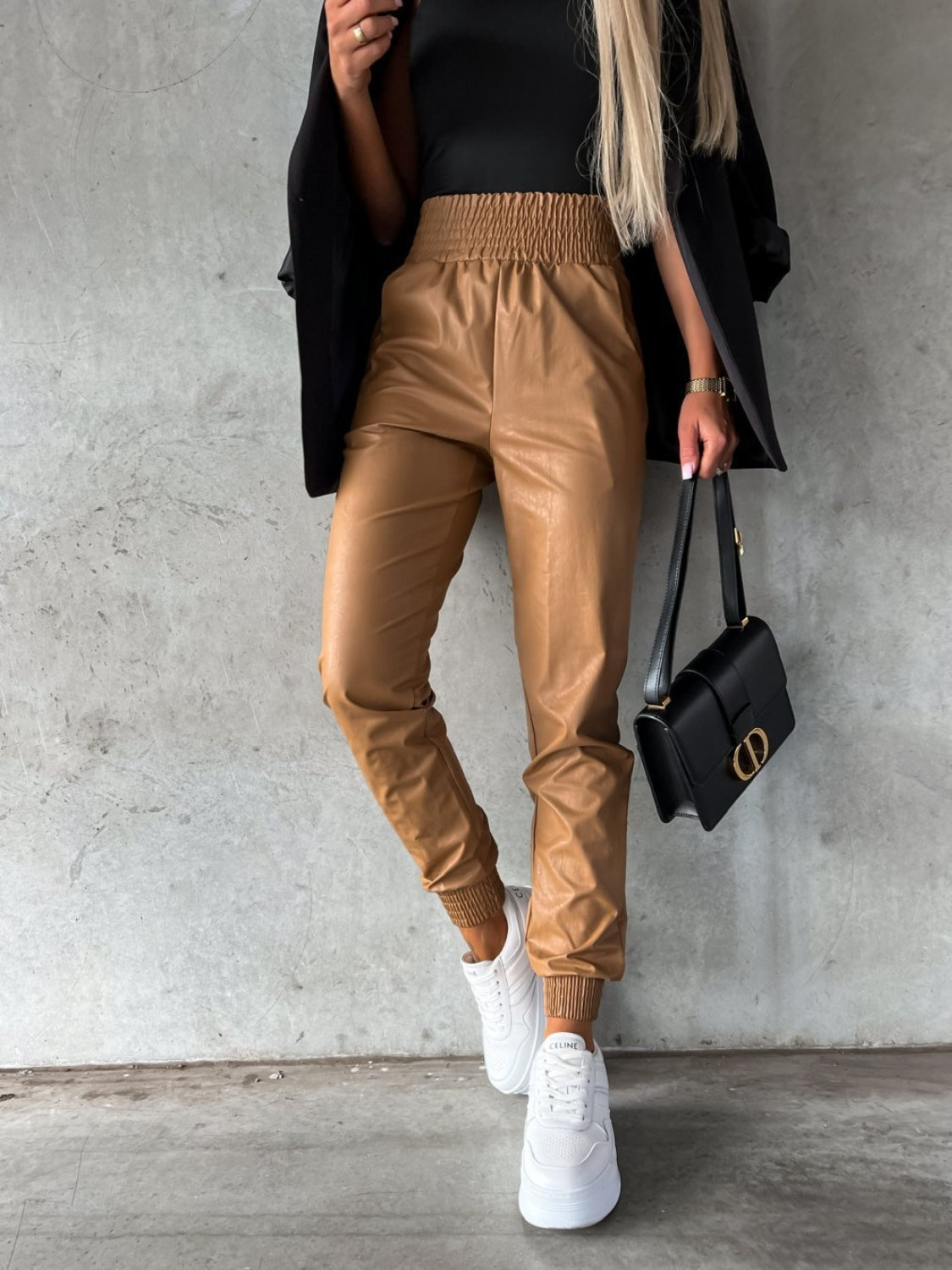 Pantalones de cintura alta con nido de abeja y bolsillos