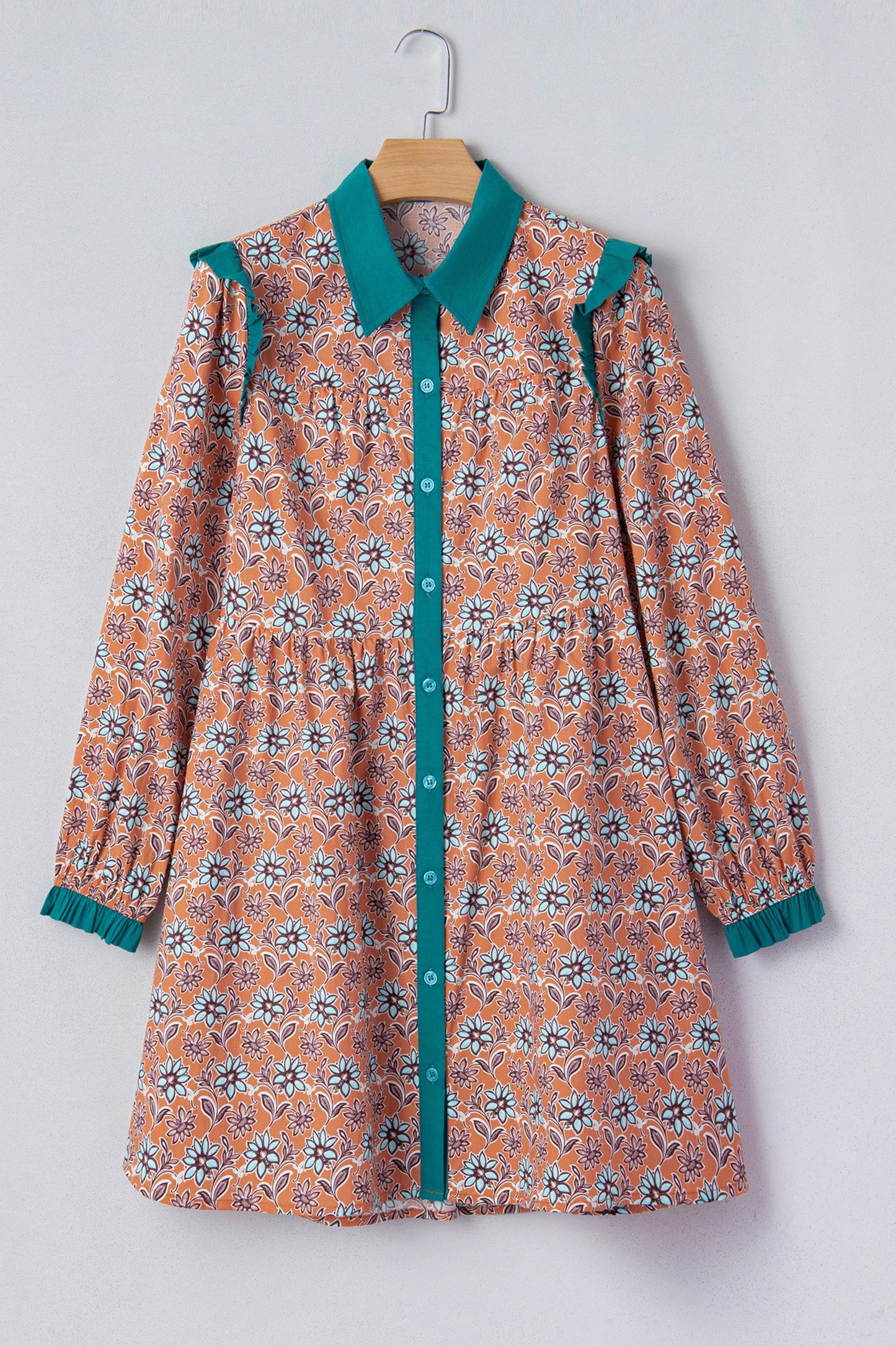 Orange Boho Floral Contrast Collared Shirt Mini Dress