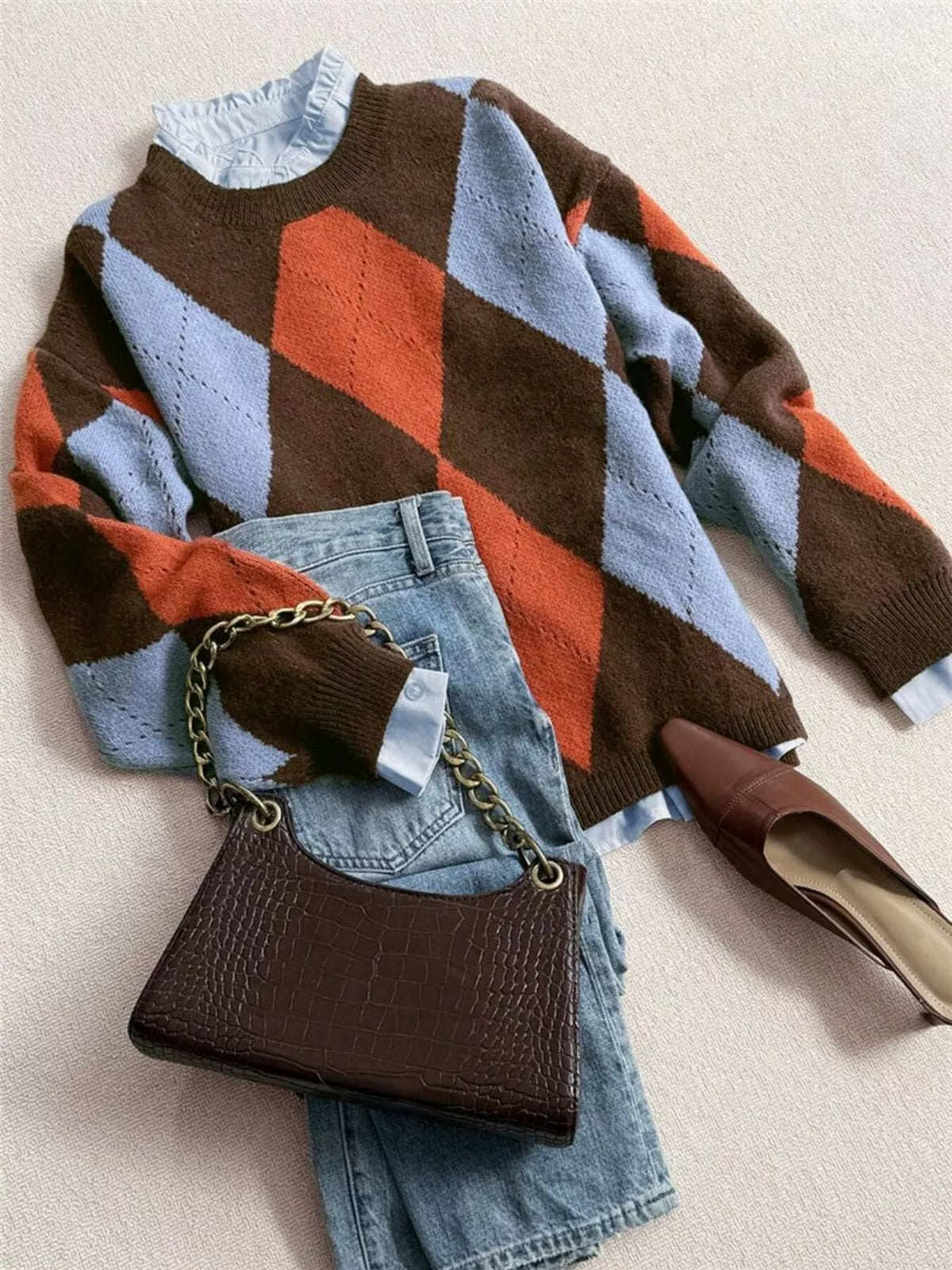 Vintage Argyle Round Neck Sweater