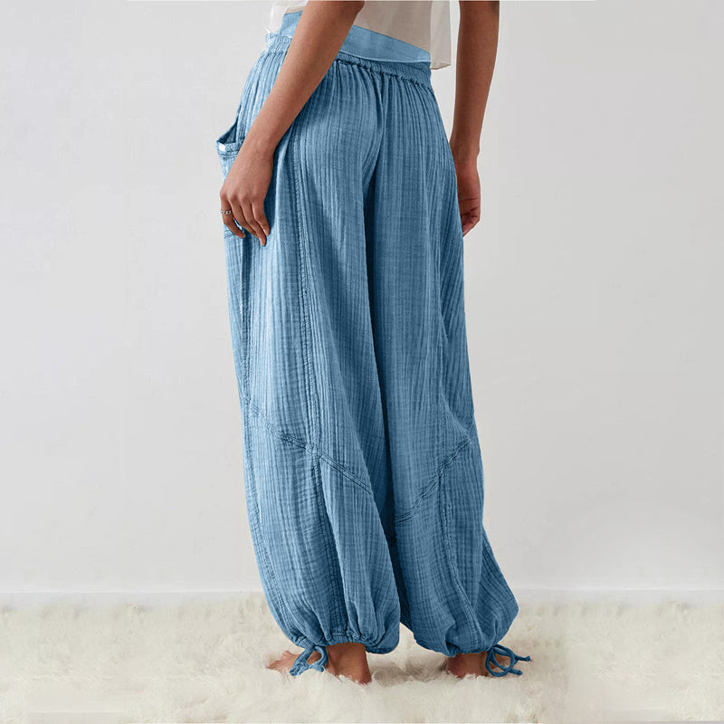Pantalones de pernera ancha de color liso para mujer – Cintura elástica con cordón y bolsillos laterales