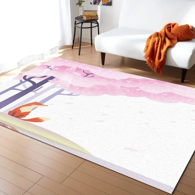 Pastel Cherry Blossom And Crescent Moon Non-Slip Flannel Floor Mat Home Rug Decoration
