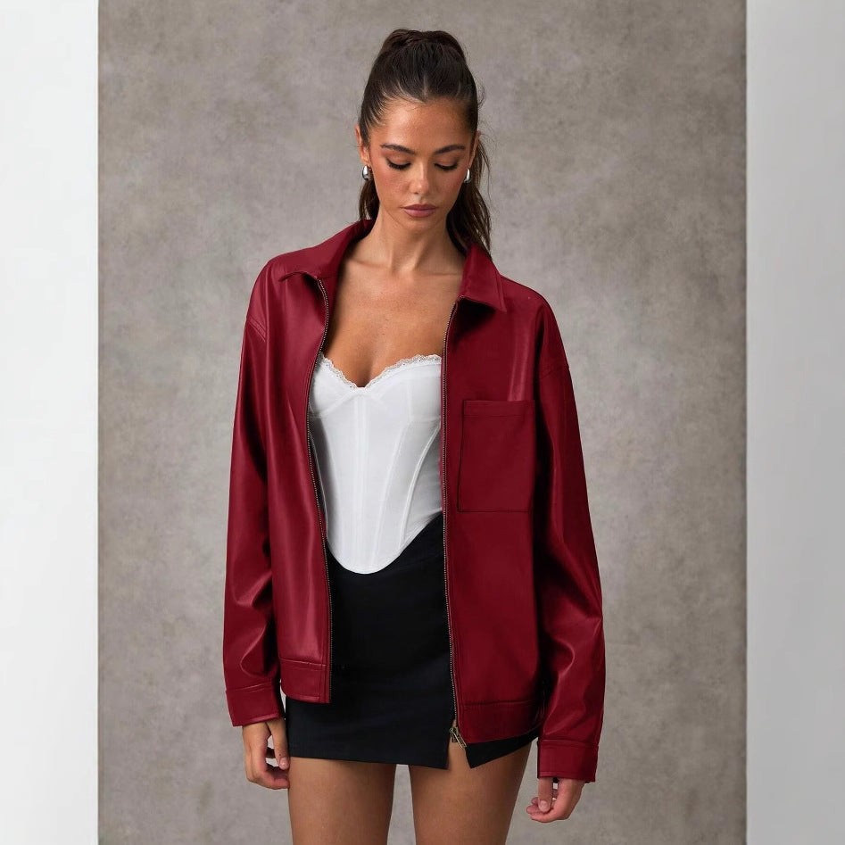 High-end Sophisticated Leather Jacket With A Lapel Collar And Zipper-front Cardigan Top