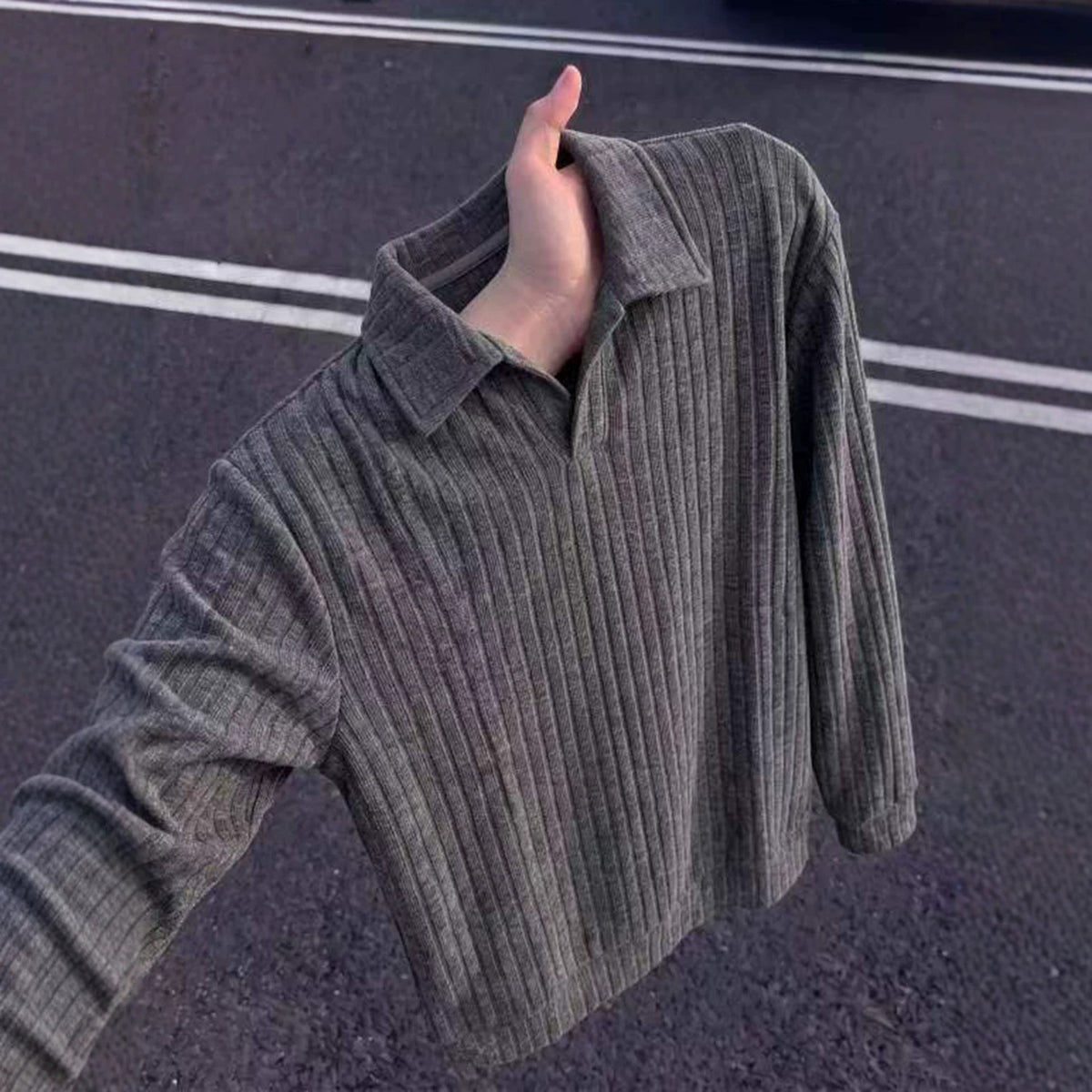 Old-money-style Vertical-striped Knit Mens American-style Long-sleeve Sweatshirt