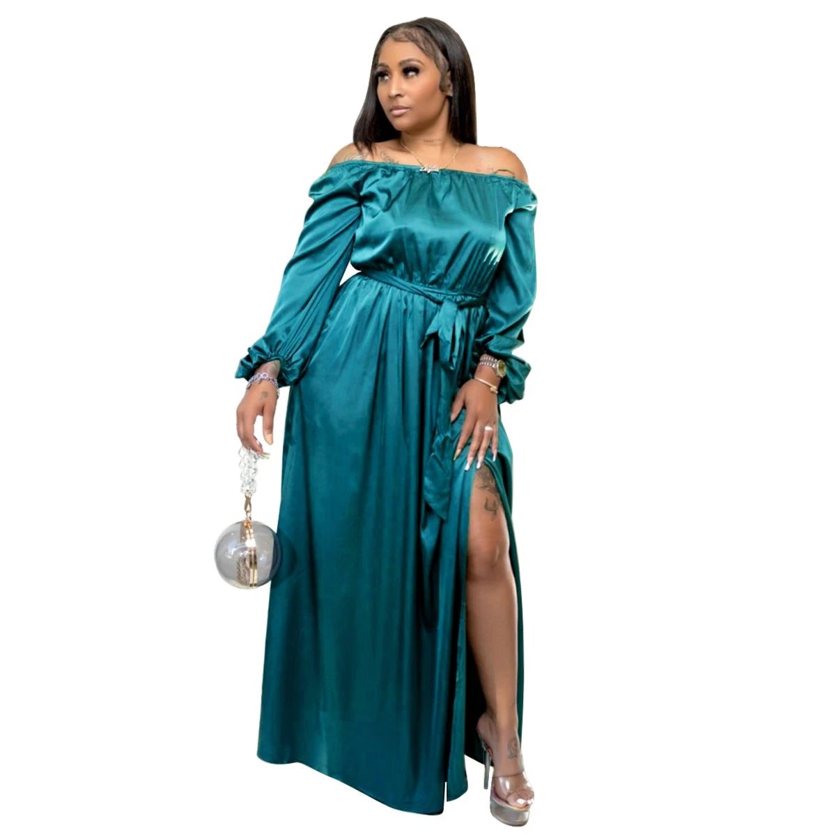 Off-shoulder Lace-up Lantern Sleeve Dress