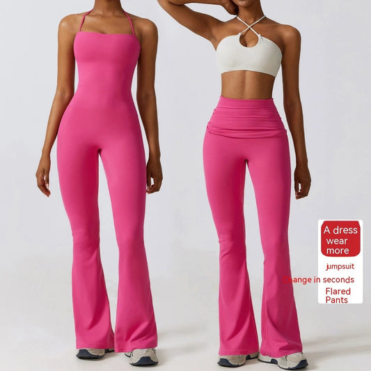 Mono de yoga ajustado para mujer, nailon con sensación de desnudez, pantalones acampanados