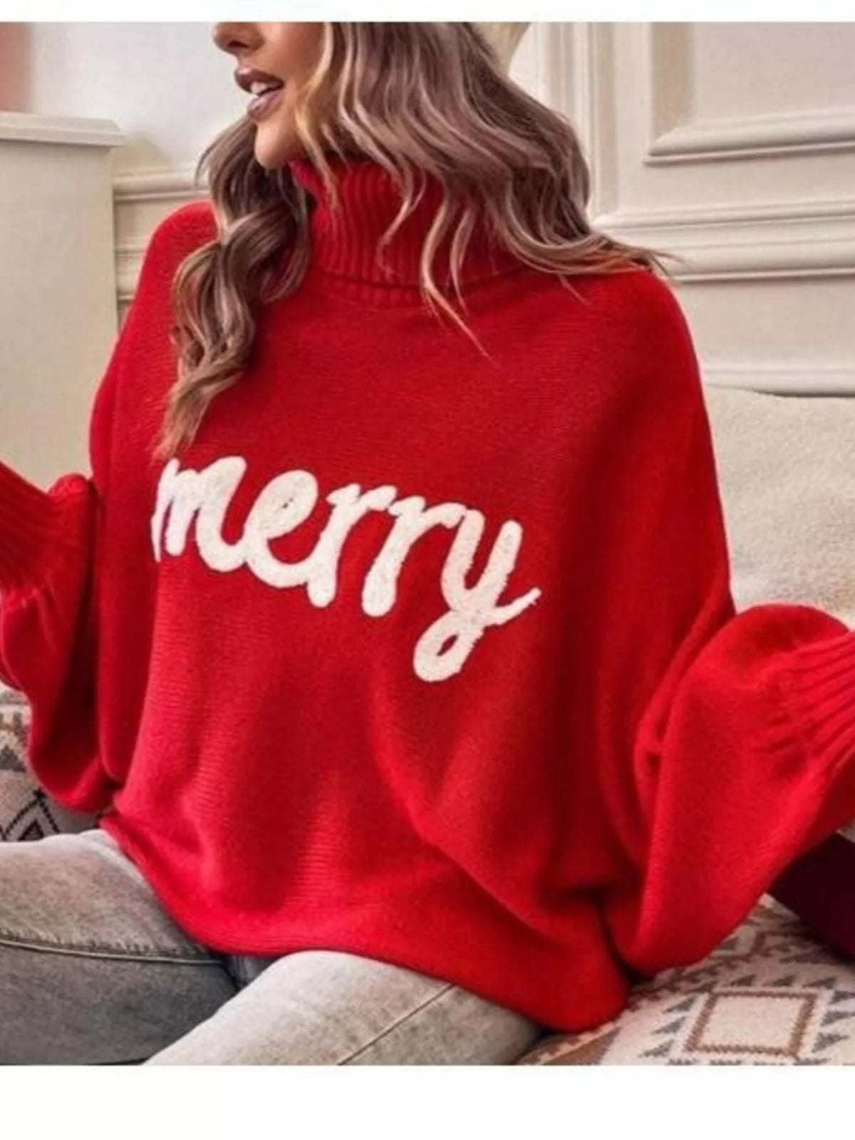 Merry Turtleneck Long Sleeve Christmas Sweater