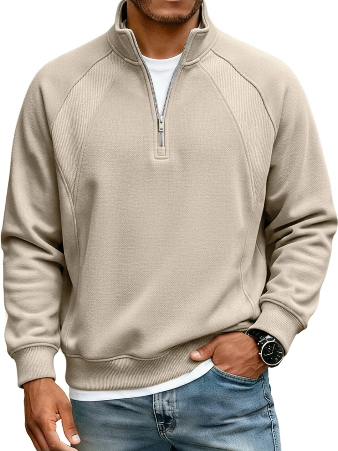 Amazon New Men's Jacket Half-Zip Stand-Up Collar Sweatshirt Men's T-Shirt Long-Sleeved Solid Color Splicing Loose Fit