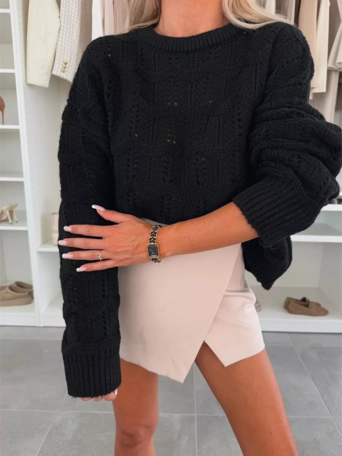 Openwork Round Neck Sweater