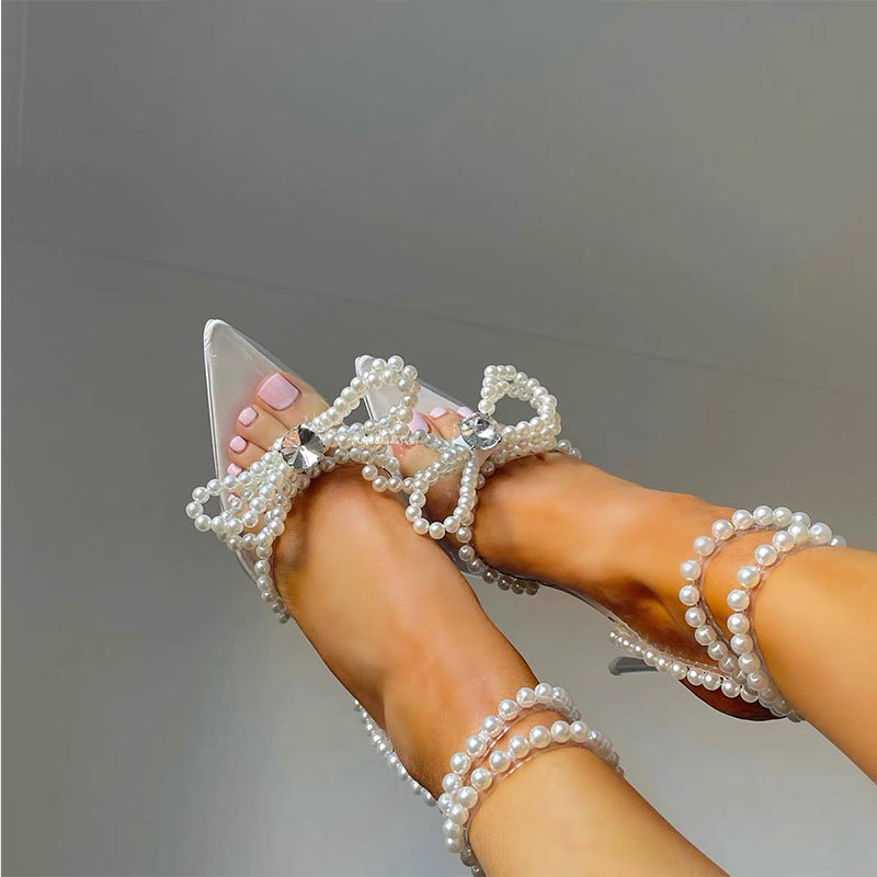 Women's Transparent Crystal Pearl Bow Stiletto Sandals