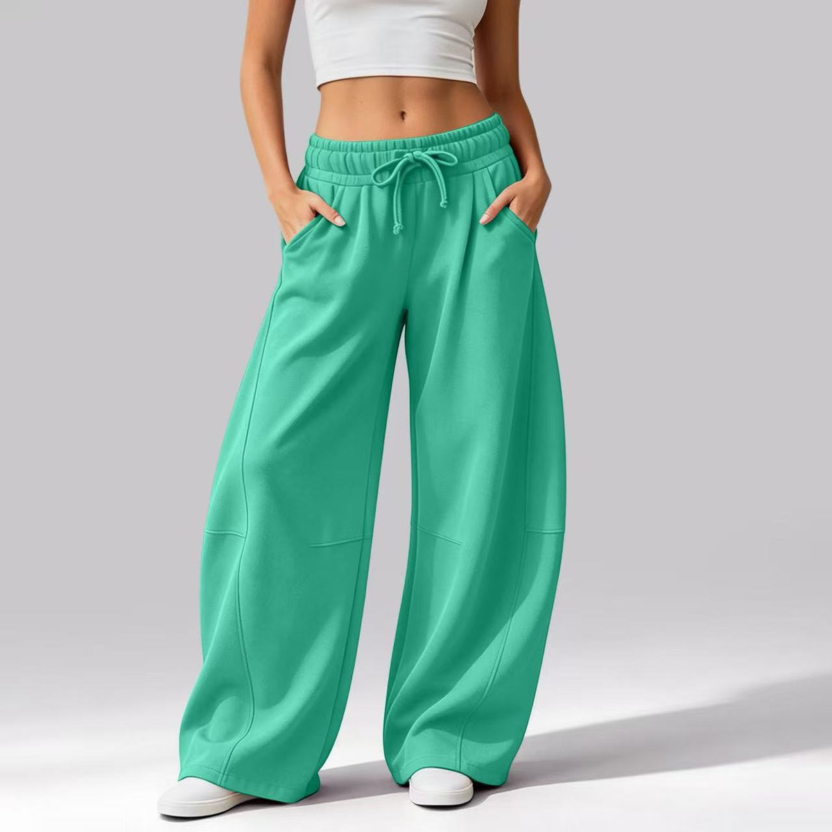 Women's Solid Color Casual Pocket Wide-Leg Pants, Fleece-Lined Drawstring Sweatpants