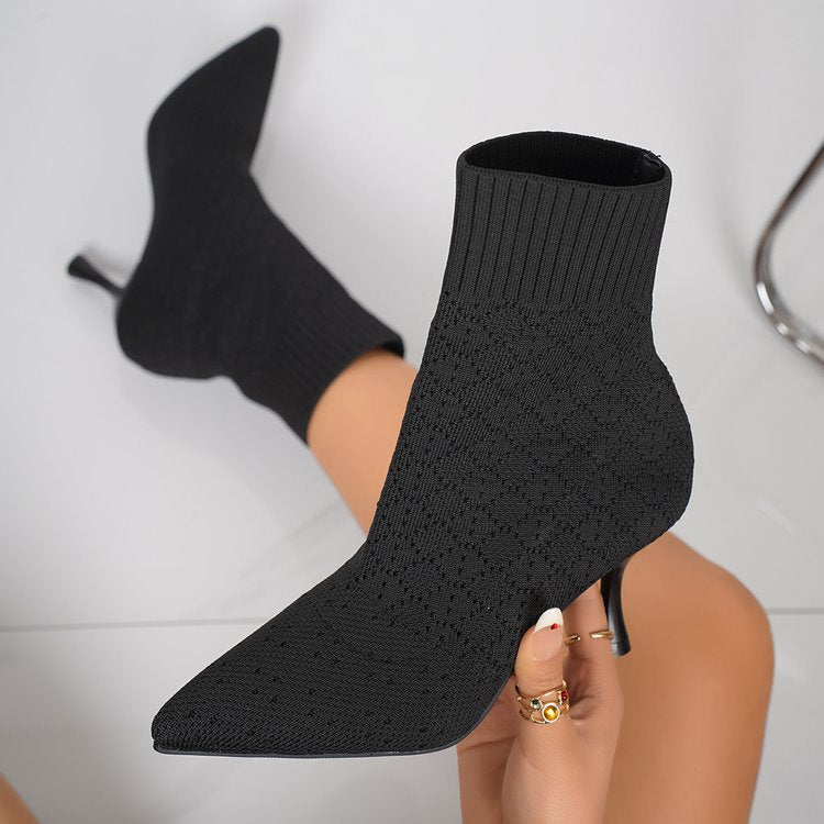 Pointed-toe Stiletto Heel Knitted Stretch Boots For Women