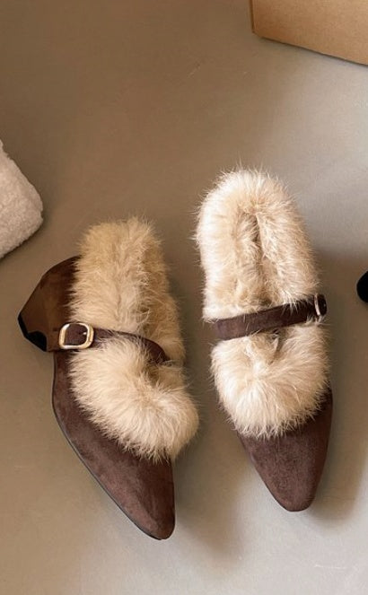 Pointed Toe Furry Shoes Women, Retro Elegant Suede Wedge Flats, One-Strap Buckle Fleece-Lined Mary Jane Shoes