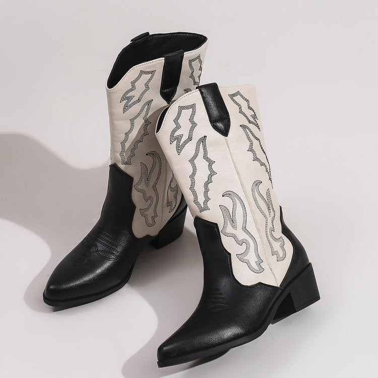 Embroidered Mid-Calf Boots