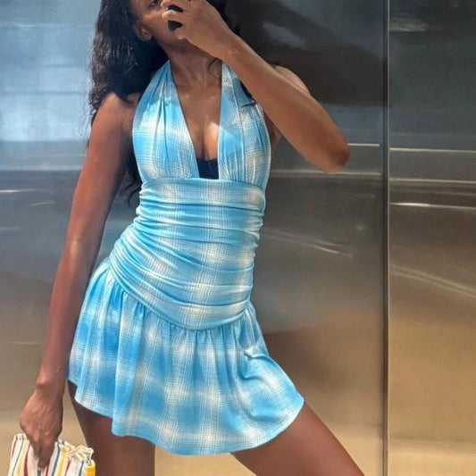 Vestido halter sexy, fresco y con escote en V, a cuadros azules y blancos