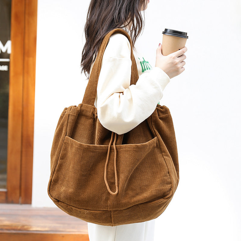 Women's Corduroy Drawstring Shoulder Bag Travel Bag