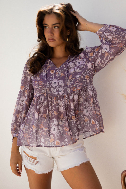 Blusa Estampada de Flores Boho Azul con Manga Francesa Estilo Babydoll