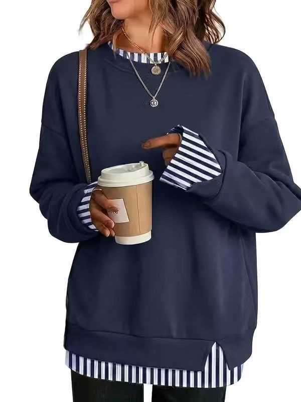 2026 Autumn New European And American Cross-Border Women's Top, Fashionable And Versatile, Loose Casual Style, Faux Two-Piece Long-Sleeve Sweatshirt