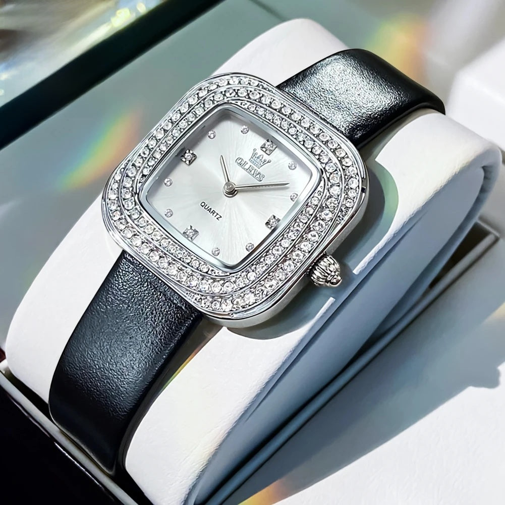 Women's Square Crystal Bezel Leather Watch