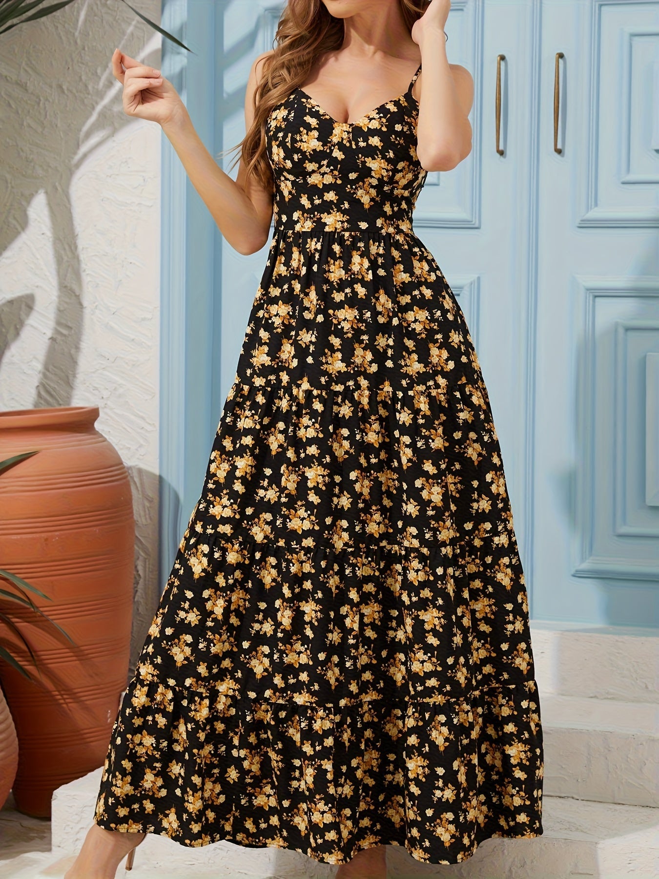 Maxivestido floral sin espalda para mujer – Vestido de tirantes con lazo y falda fluida