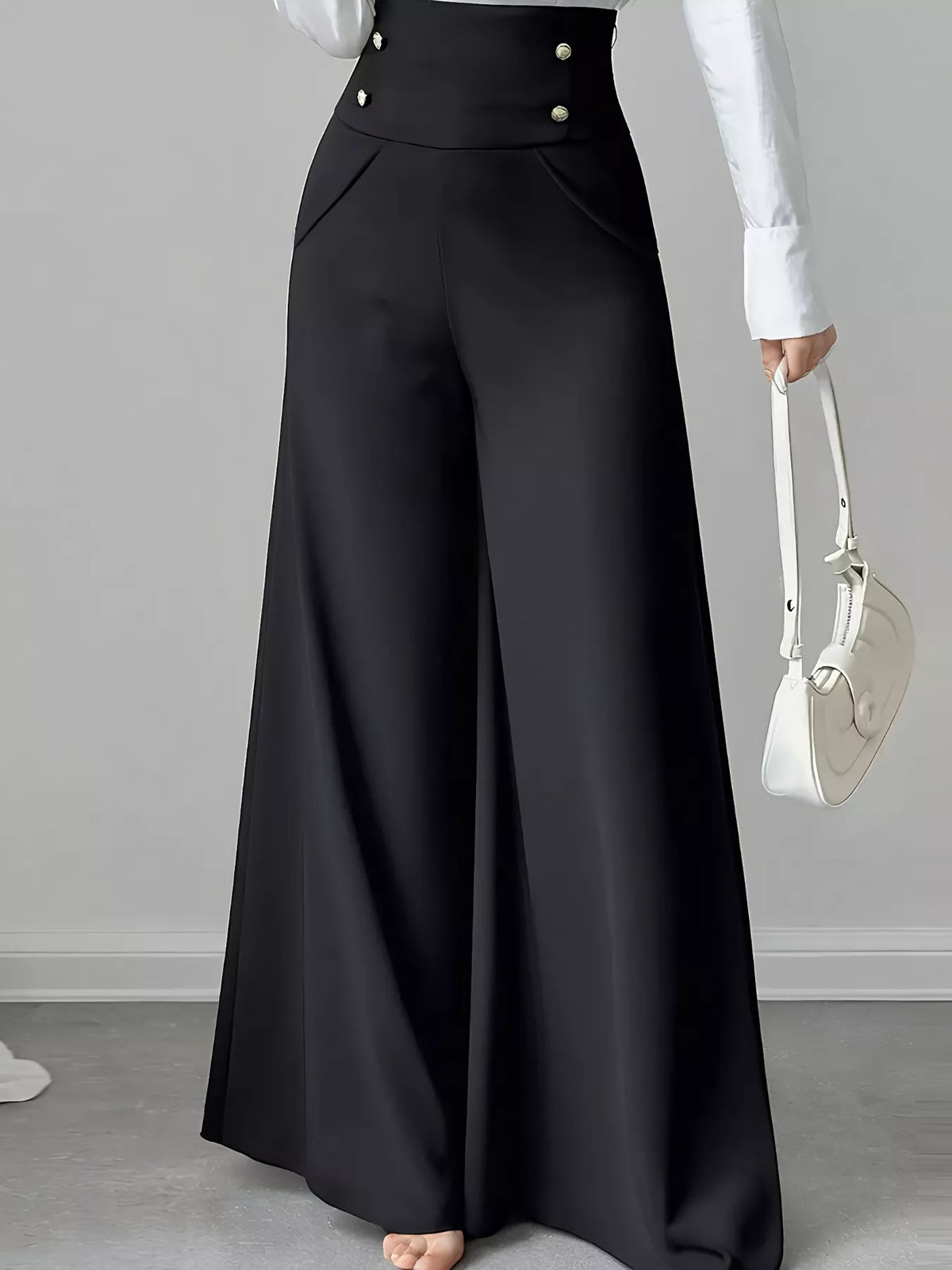 High Waist Wide Leg Button Decor Pants