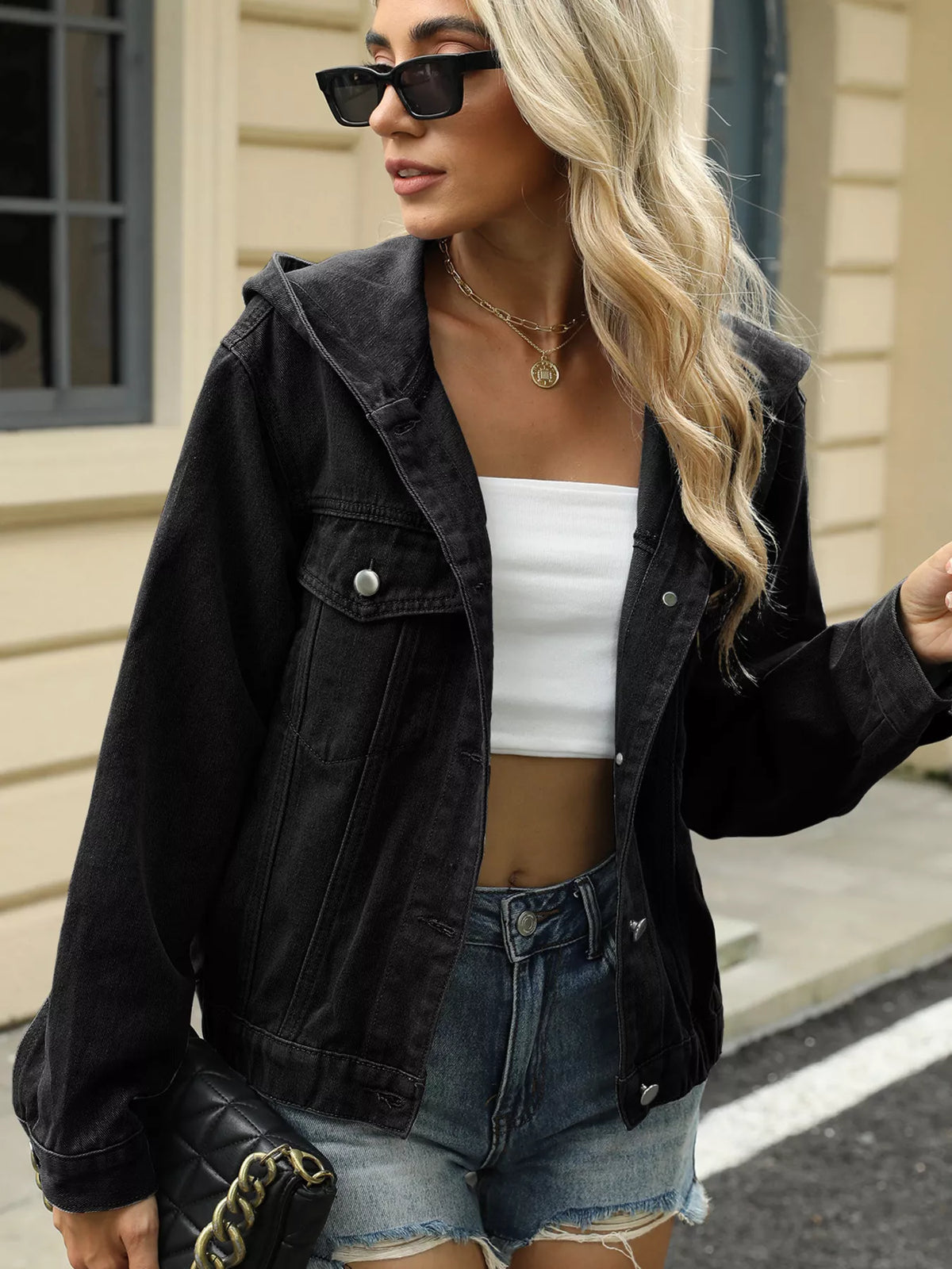 Washed Button Up Hooded Denim Jacket