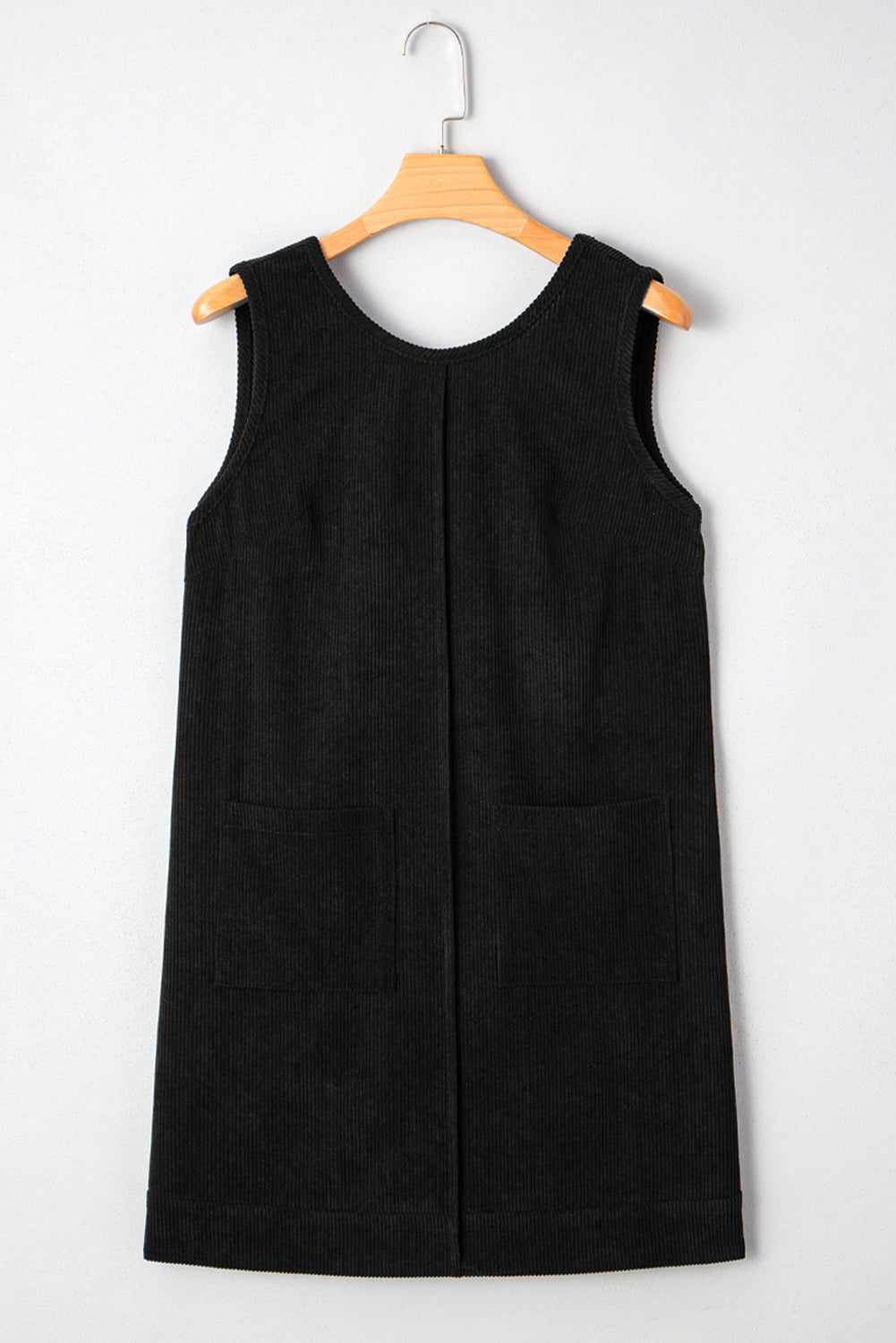Minivestido Negro Sin Mangas de Pana Talla Grande con Bolsillos de Parche